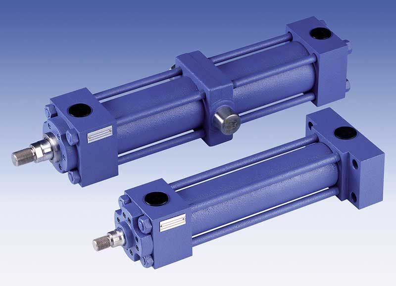 Deux vérins hydrauliques bleus avec tiges et embouts métalliques.