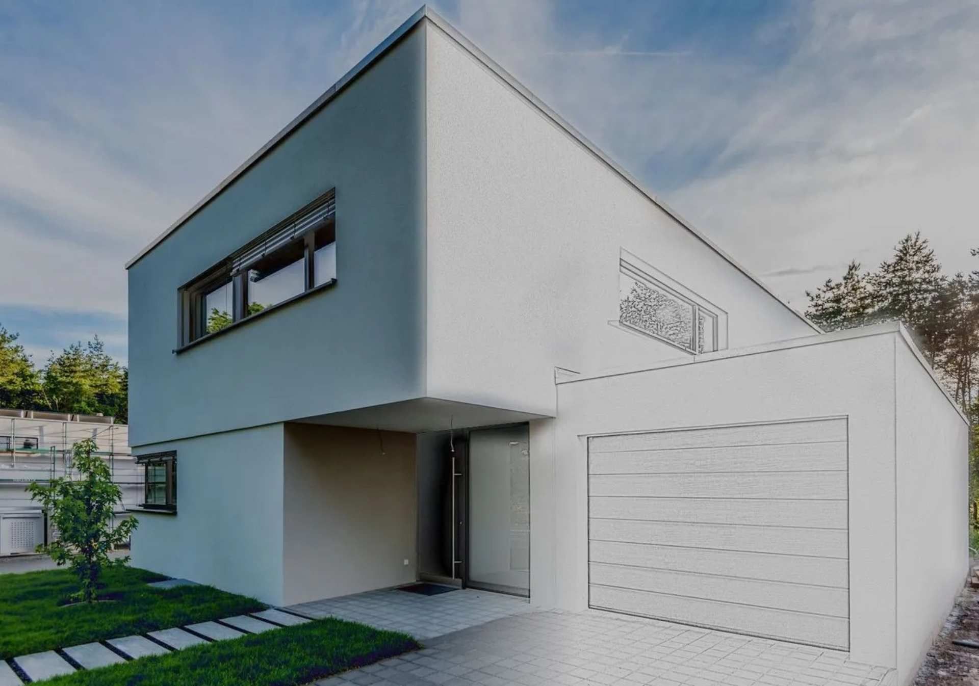 Ein modernes, zweistöckiges weisses Haus mit Flachdach, Garagentor und kleinem Vorgarten mit Steinweg.