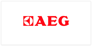 Un logotipo de AEG rojo y blanco sobre un fondo blanco.