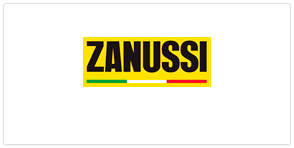 Un logotipo de Zanussi amarillo y negro sobre un fondo blanco.