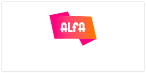 Un logotipo rosa y naranja para Alfa sobre un fondo blanco.