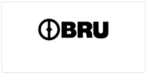 Un logotipo en blanco y negro para bru sobre un fondo blanco.