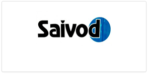 Un logotipo azul y negro para Saivod sobre un fondo blanco.