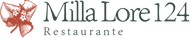 Logotipo del restaurante Milla Lore124, con un icono de mariposa coral y texto verde grisáceo sobre fondo blanco