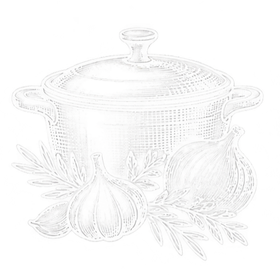 Dibujo de líneas blancas de una olla con tapa, calabazas y hojas, con un motivo otoñal decorativo