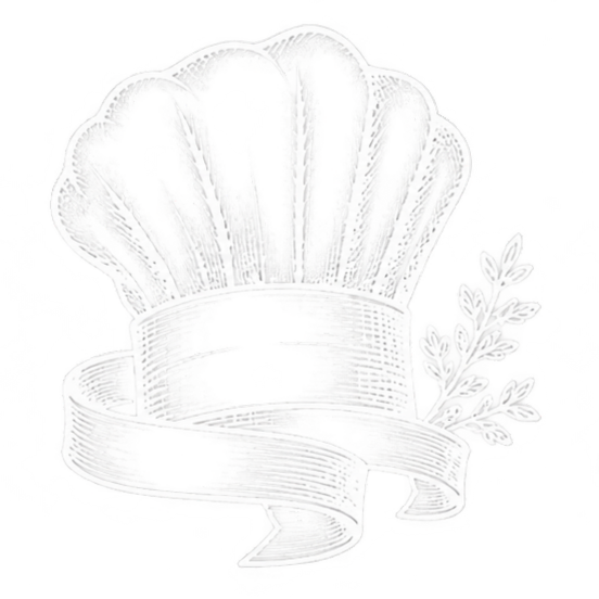 Gorro de chef blanco con una banda decorativa y detalles de laureles, en un delicado estilo de dibujo a lápiz