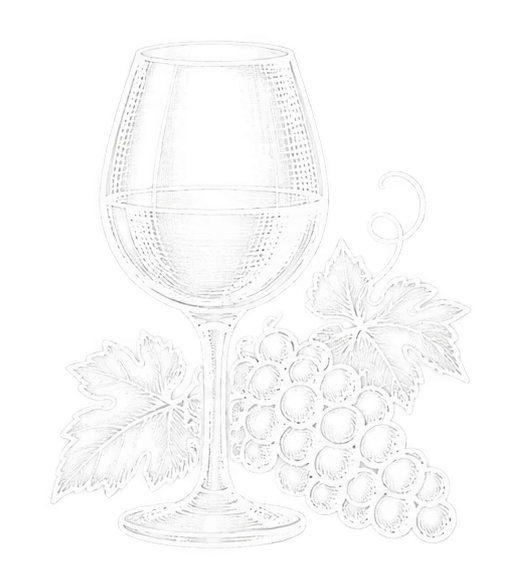 Una copa de vino junto a un racimo de uvas y hojas de parra, delineados en gris claro