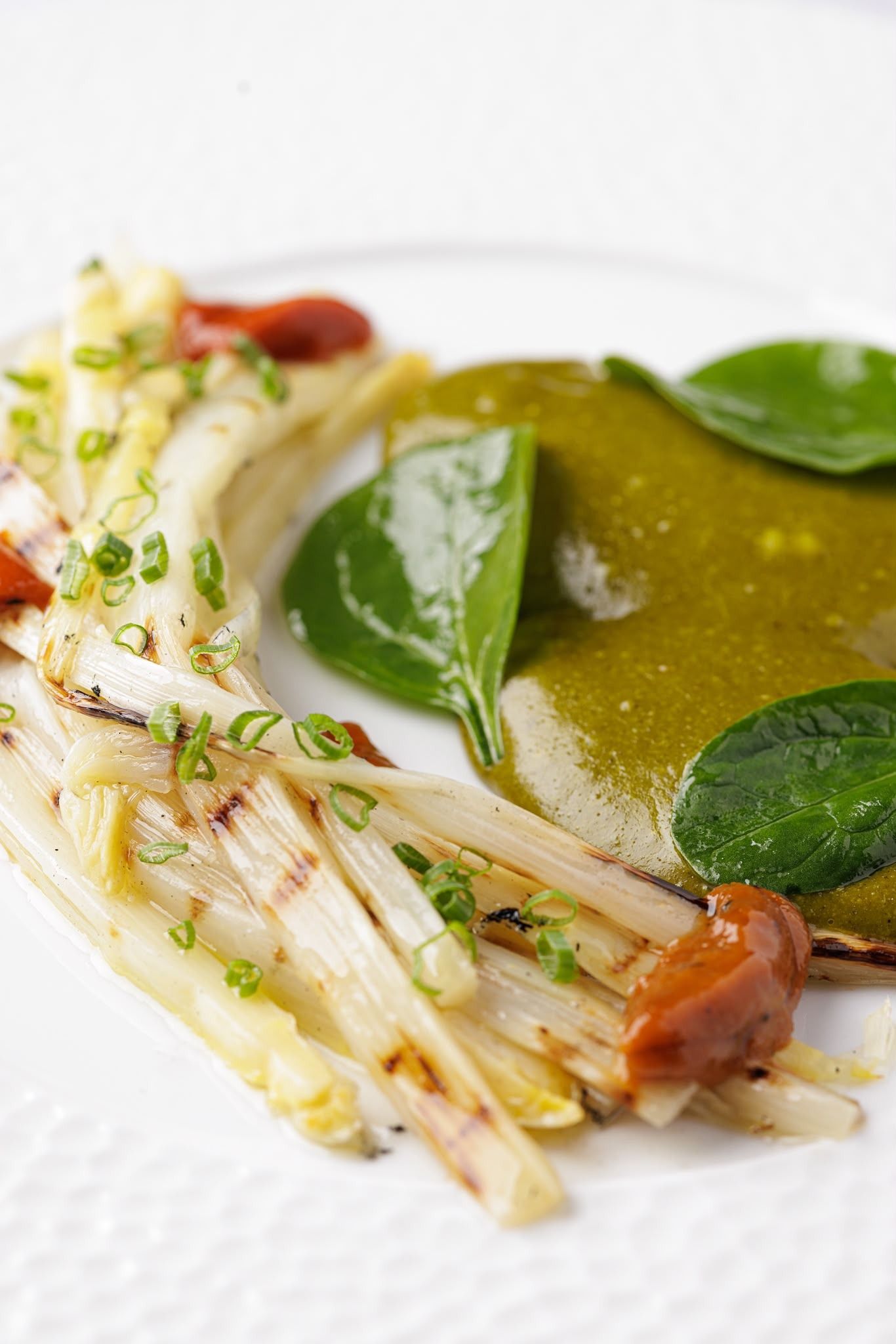 Espárragos blancos emplatados con salsa de hierbas, adornados con hojas verdes en un plato blanco