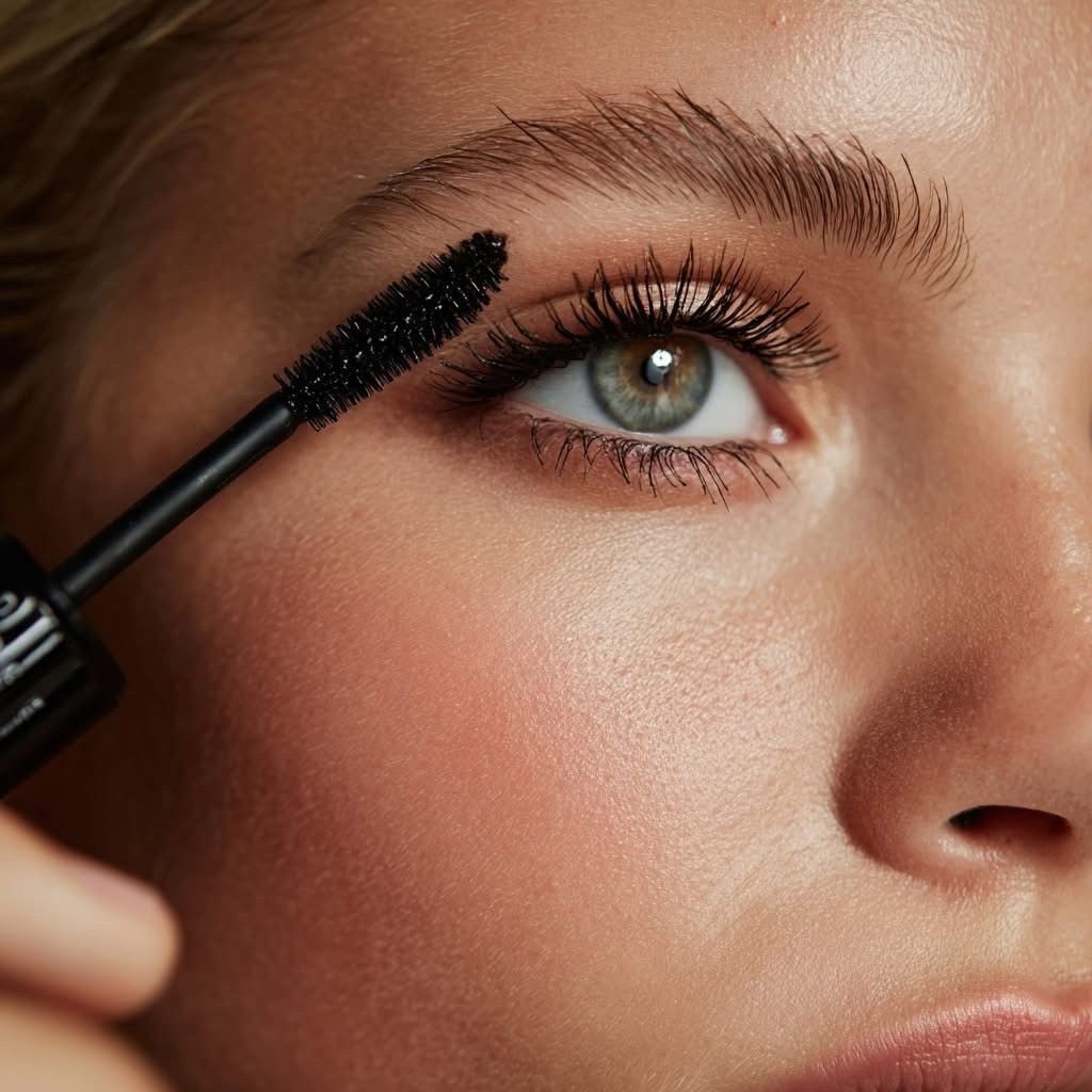 Gros plan d’une personne appliquant du mascara noir sur un œil vert à l’aide d’une brosse