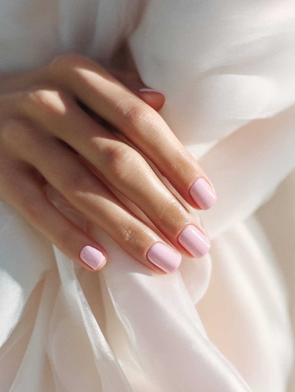 Une main aux ongles rose pâle posée sur un tissu blanc doux