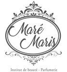 Logo de beauté et de parfumerie Maré Maris, avec un cadre floral gris orné sur fond blanc