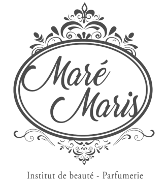 Logo de beauté et de parfumerie Maré Maris, avec un cadre floral gris orné sur fond blanc