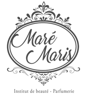 Logo de beauté et de parfumerie Maré Maris, avec un cadre floral gris orné sur fond blanc
