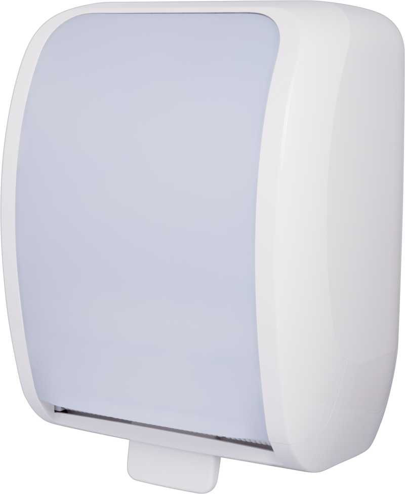 Hochwertiger Handtuchrollenspender Autocut aus ABS-Kunststoff, weiß in einem modernen, formschönen und zugleich robusten Design. Er ist abschließbar mit Push-Hebel und für Papierrollen bis 230 m geeignet.  Moderne Papierrollenspender, oder auch Papierspender genannt, helfen aktiv dabei den Papierverbrauch zu reduzieren.