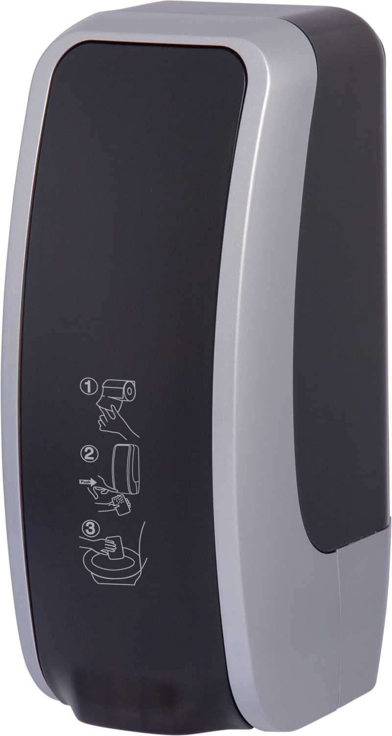 Hochwertiger und robuster Toilettensitz-Desinfektionsspender aus ABS Kunststoff, schwarz/silber. Höchste Ergiebigkeit bei gleichzeitigem platzsparenden Volumen zeichnen diesen Spender aus.