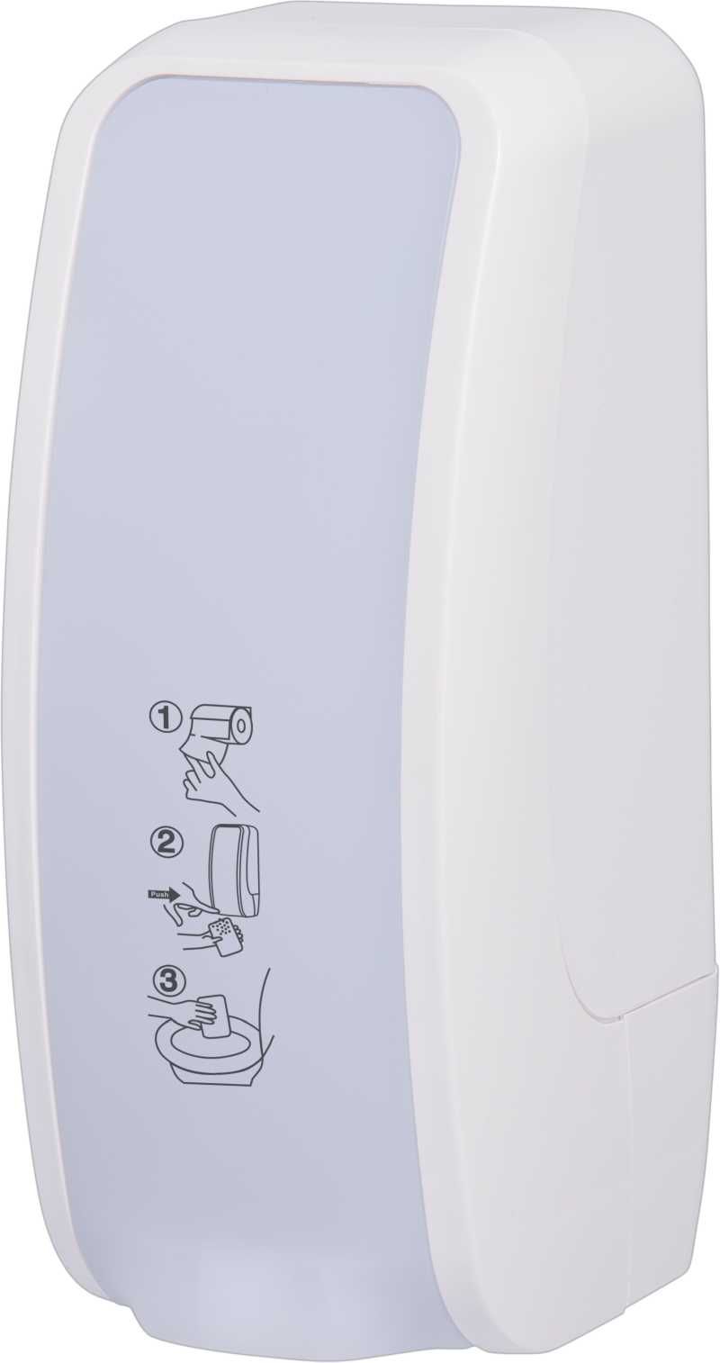 Hochwertiger und robuster  Toilettensitz-Desinfektionsspender aus ABS Kunststoff, weiss. Höchste Ergiebigkeit bei gleichzeitigem platzsparenden Volumen zeichnen diesen Spender aus.