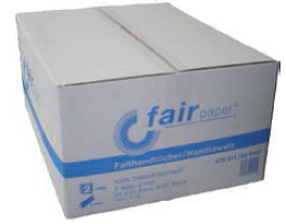 Eine weiße Schachtel mit der Aufschrift „Fair Paper“ darauf