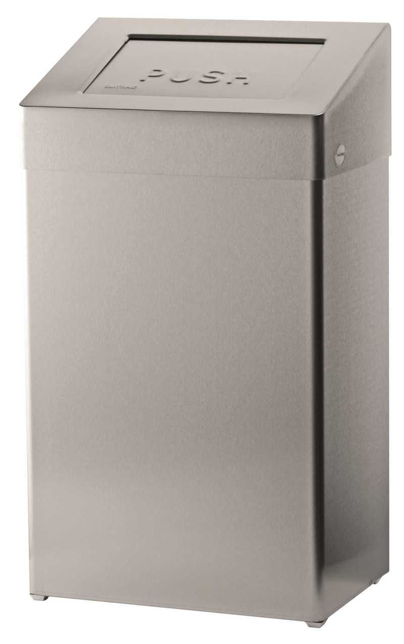 Abfallbox/Papierkorb feuerhemmend: spaltminimierter Deckel, mit innenliegendem Bügel zur Fixierung des Abfallbeutels, selbstschließende wartungsfeie Einwurfklappe, freistehend und für die Wandmontage, Füllmenge 18 oder 50 Liter.