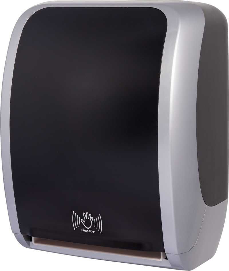 Hochwertiger sensorgesteuerter Handtuchrollenspender aus ABS schwarz/silber in einem modernen, formschönen und zugleich robusten Design. Er ist abschließbar und für Papierrollen bis 230 m geeignet.