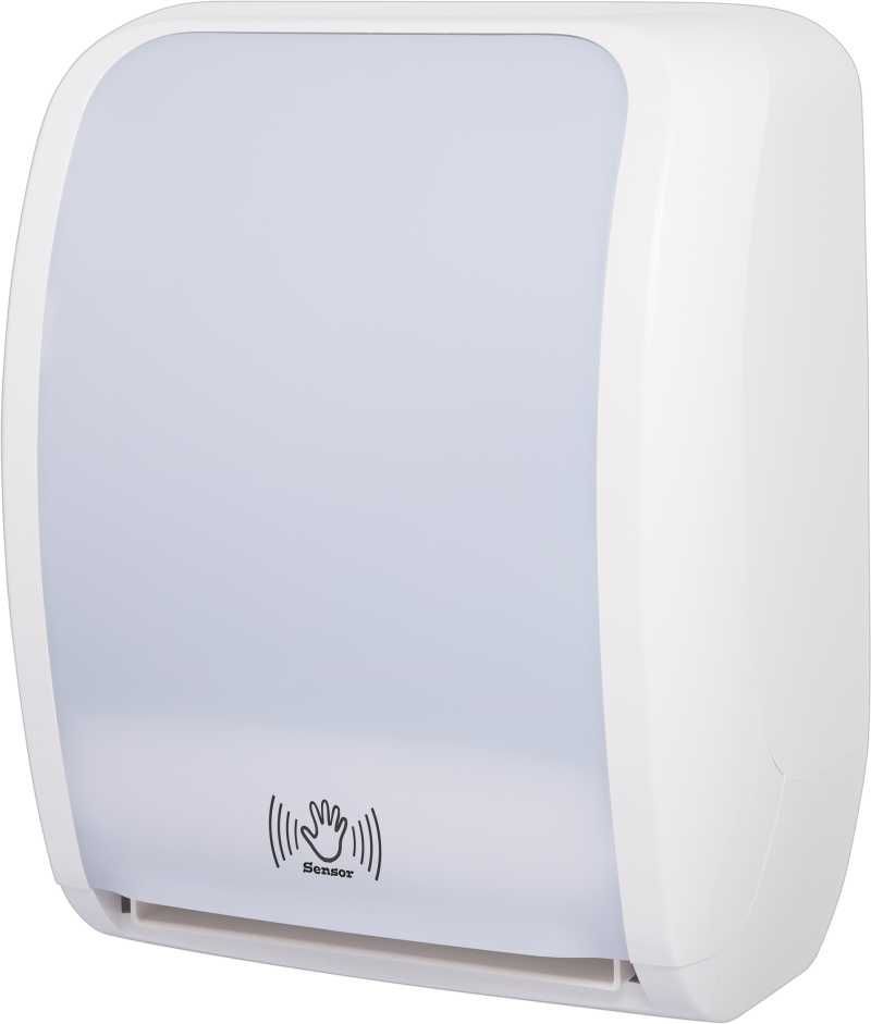 Hochwertiger sensorgesteuerter Handtuchrollenspender aus ABS weiss in einem modernen, formschönen und zugleich robusten Design. Er ist abschließbar mit Push-Hebel und für Papierrollen bis 230 m geeignet.