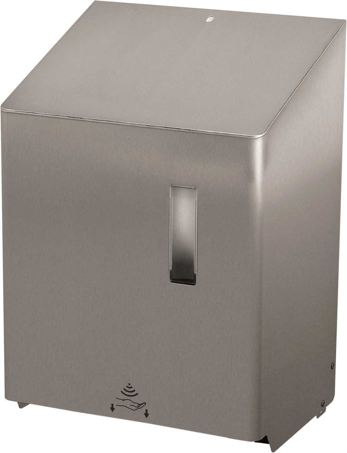 Hochwertiger sensorgesteuerter Handtuchrollenspender aus Edelstahl mit Anti-Fingerprint-Beschichtung in einem modernen, formschönen und zugleich robusten Design. Er ist abschließbar und für Papierrollen bis 230 m geeignet.