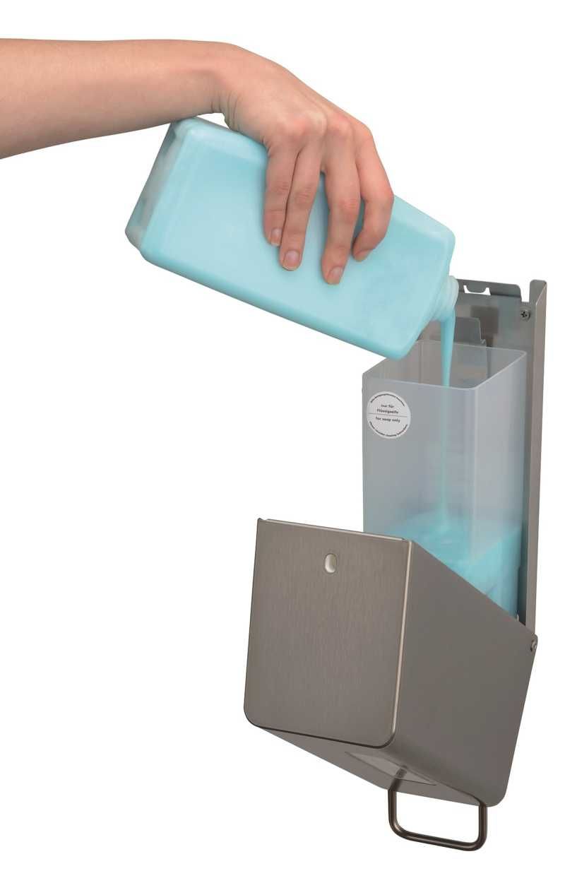 Sehr robuster und hochwertiger Seifenspender aus Edelstahl mit Anti-Fingerprint-Beschichtung. Modulare Bestückung für Seife, Schaumseife oder Desinfektionsmittel zeichnen diesen Spender aus.
