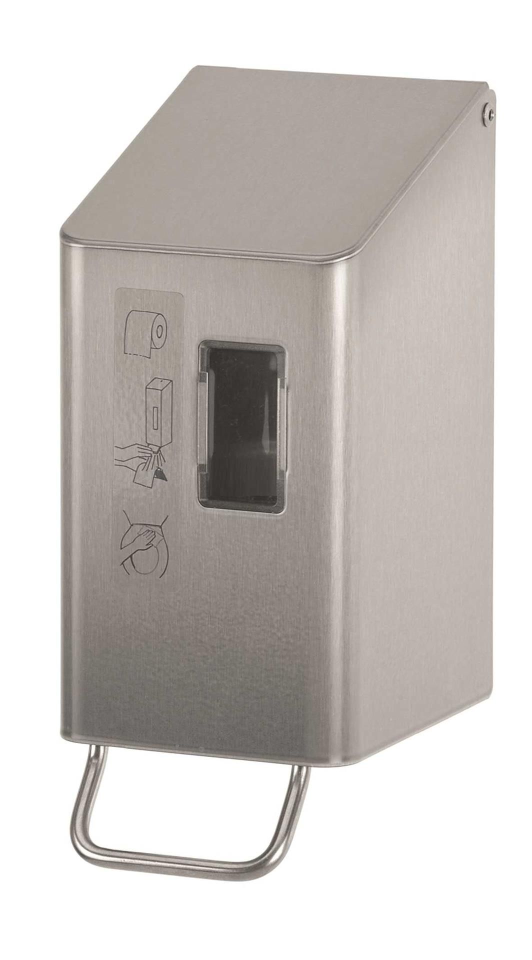 Hochwertiger und robuster  Toilettensitz-Desinfektionsspender aus Edelstahl mit Anti-Fingerprint-Beschichtung. Höchste Ergiebigkeit bei gleichzeitigem platzsparenden Volumen zeichnen diesen Spender aus.