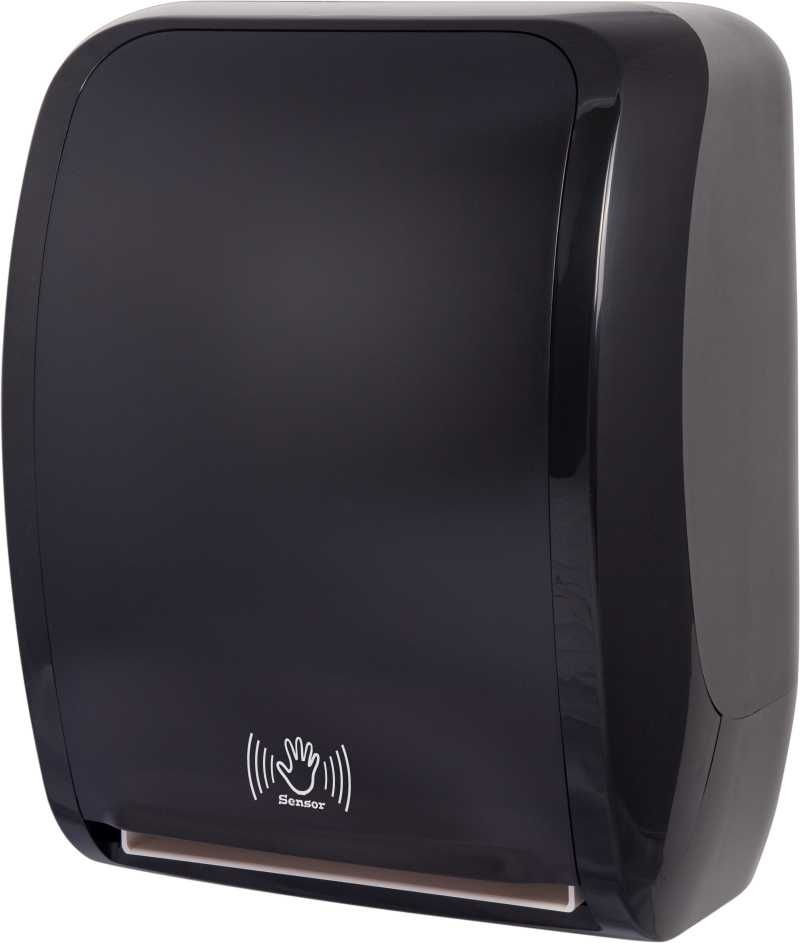 Ein schwarzer Papierhandtuchspender mit einem Aufkleber mit der Aufschrift 