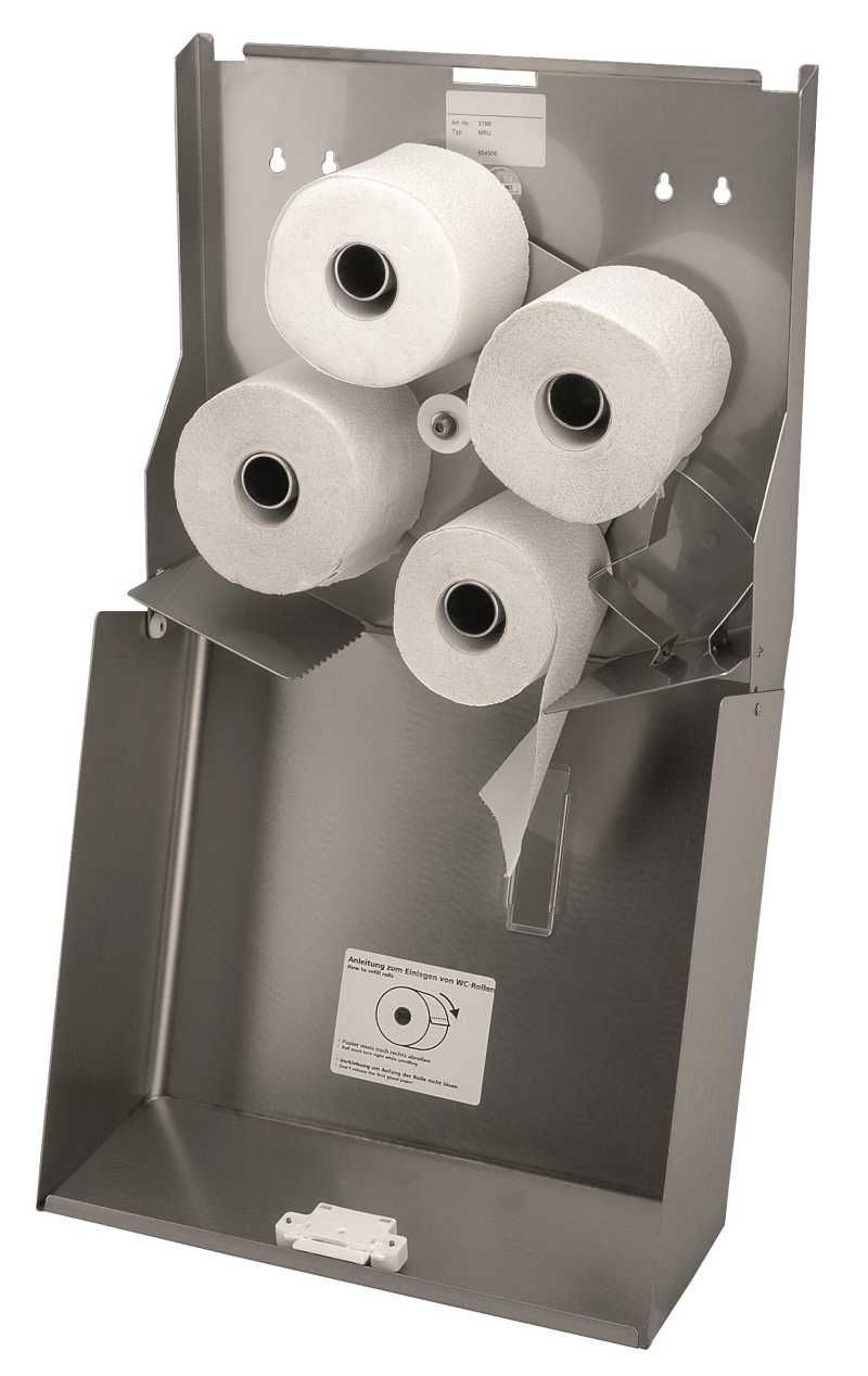 Ein Toilettenpapierspender aus Edelstahl mit vier Rollen Toilettenpapier darin