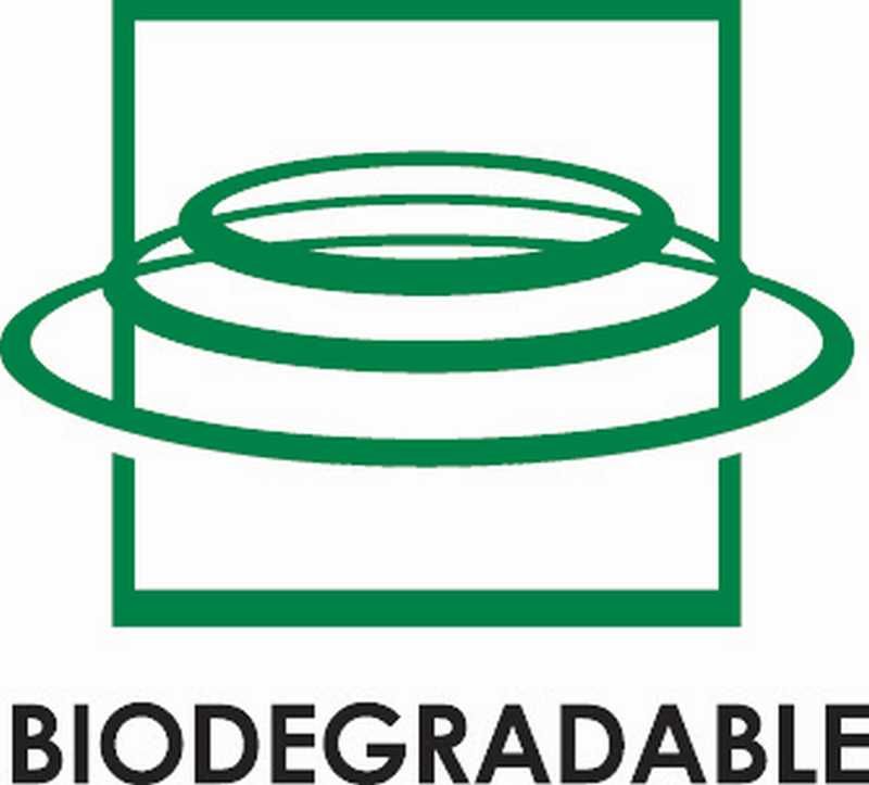 Das Logo für biologisch abbaubar ist ein grüner Kreis in einem Quadrat.