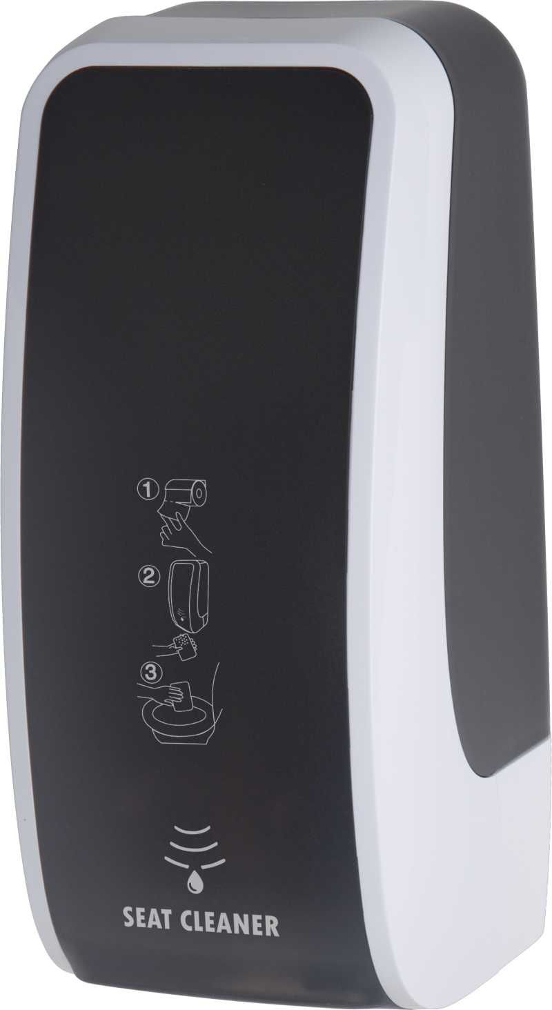Hochwertiger und robuster sensorgesteuerter Toilettensitz-Desinfektionsspender aus ABS Kunststoff, weiss/schwarz. Höchste Ergiebigkeit bei gleichzeitigem platzsparenden Volumen zeichnen diesen Spender aus.