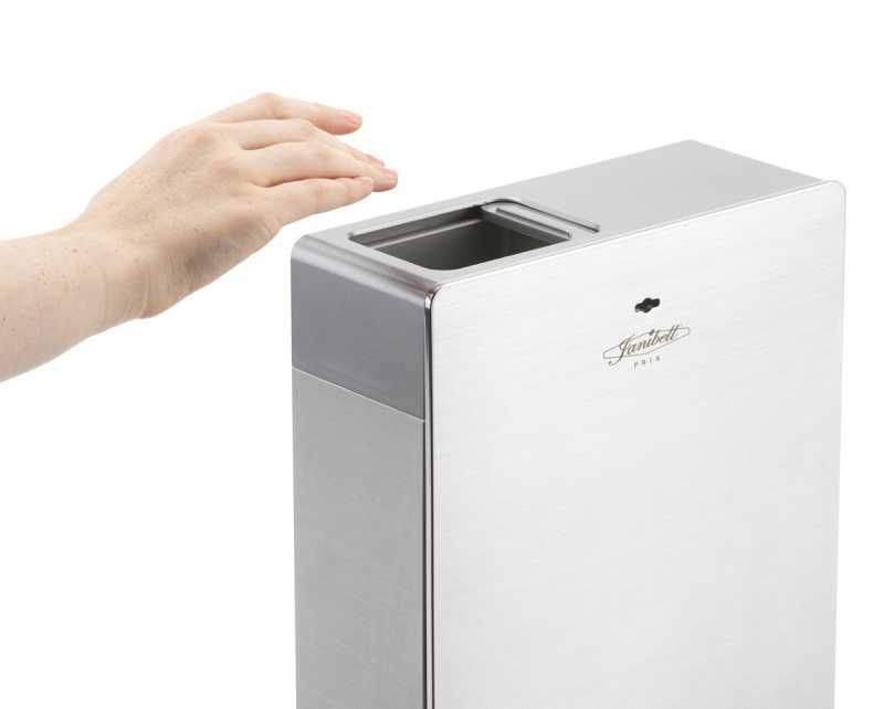 Hochwertige sensorgesteuerte Hygienebox aus Edelstahl mit einzigartigen Schlauchbeutelsystem. Sie zeichnet sich durch einfache Bedienung aus und reduziert die Kosten für die Damenhygiene.