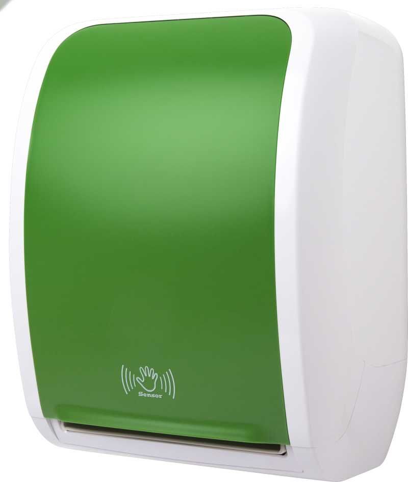 Ein grün-weißer Papierhandtuchspender auf weißem Hintergrund