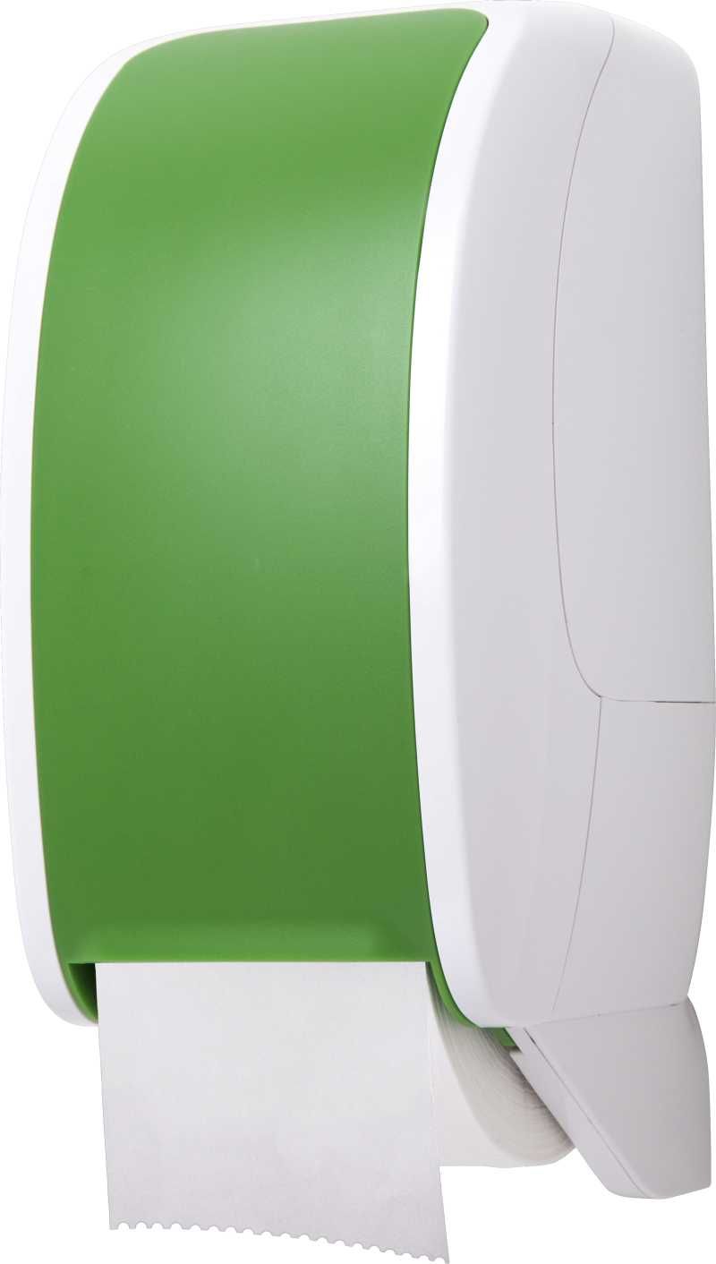 Ein grün-weißer Toilettenpapierspender mit einer Rolle Toilettenpapier darin.