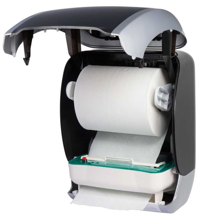 Ein schwarz-weißer Papierhandtuchspender mit geöffnetem Deckel