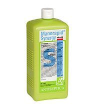 Eine grüne Flasche Manorapid Synergy Antiseptikum auf weißem Hintergrund.
