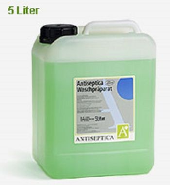Ein grüner Behälter mit einem Etikett mit der Aufschrift „Antiseptica“