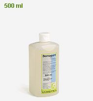 Eine 500-ml-Flasche Dermoguard steht auf einer weißen Oberfläche.