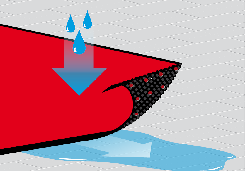 Ein roter und schwarzer Gegenstand, aus dem Wassertropfen herauskommen