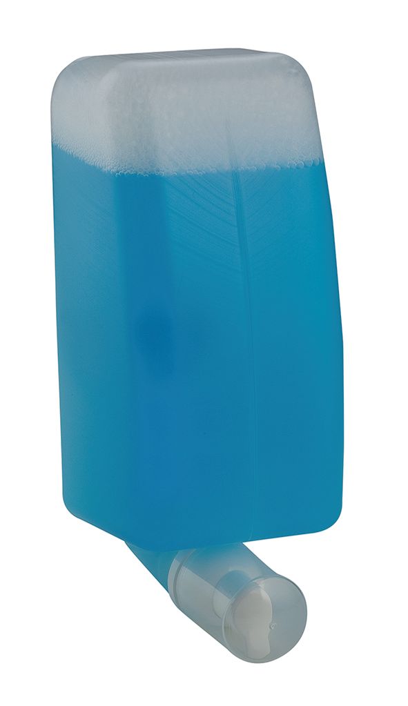 Ein blauer Seifenspender mit weißer Kappe