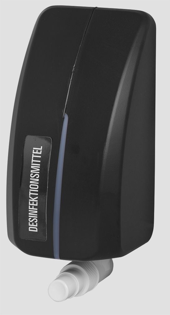 Ein schwarzes Gerät mit einem Etikett mit der Aufschrift „Desinfektionsmittel“