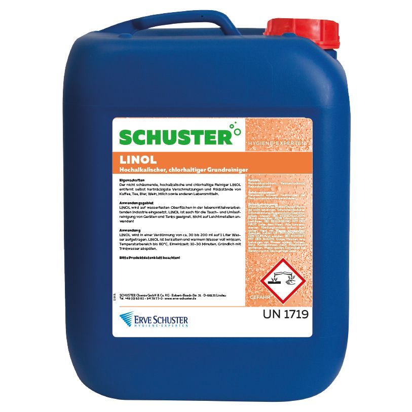 Der nicht schäumende hochalkalische und chlorhaltige Grundreiniger LINOL entfernt hartnäckige Rückstände von Kaffee, Tee, Bier, Wein, Milch etc.