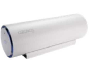 Ein weißes zylindrisches Objekt mit einem blauen Streifen auf der Unterseite