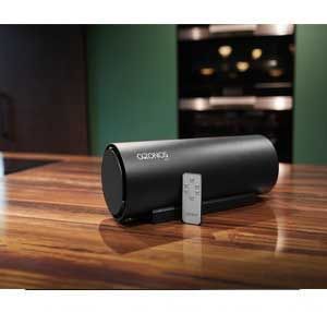 Auf einem Holztisch steht ein schwarzer Lautsprecher mit einer Fernbedienung.