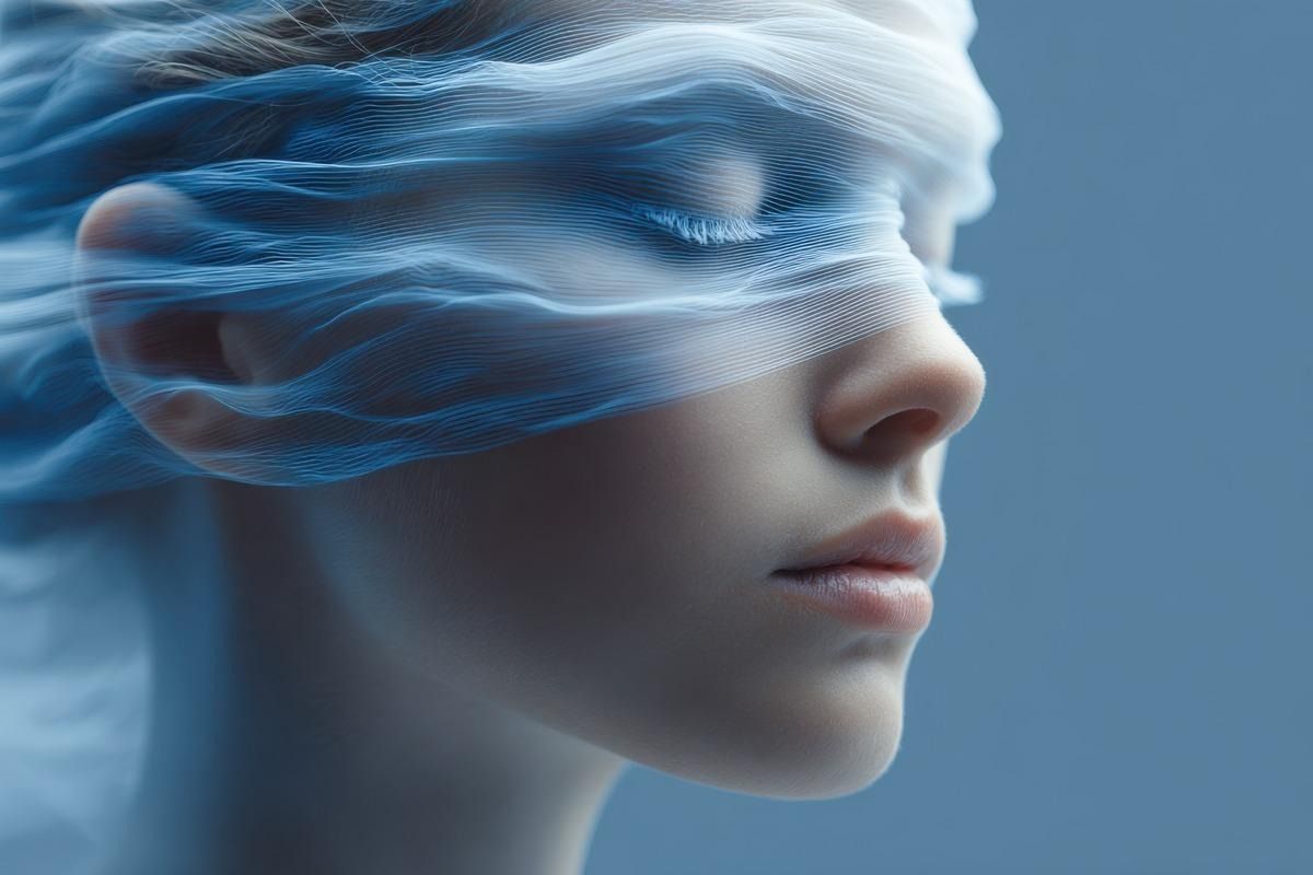 Gros plan sur un visage de profil, les yeux traversés par des volutes bleues translucides, sur fond bleu