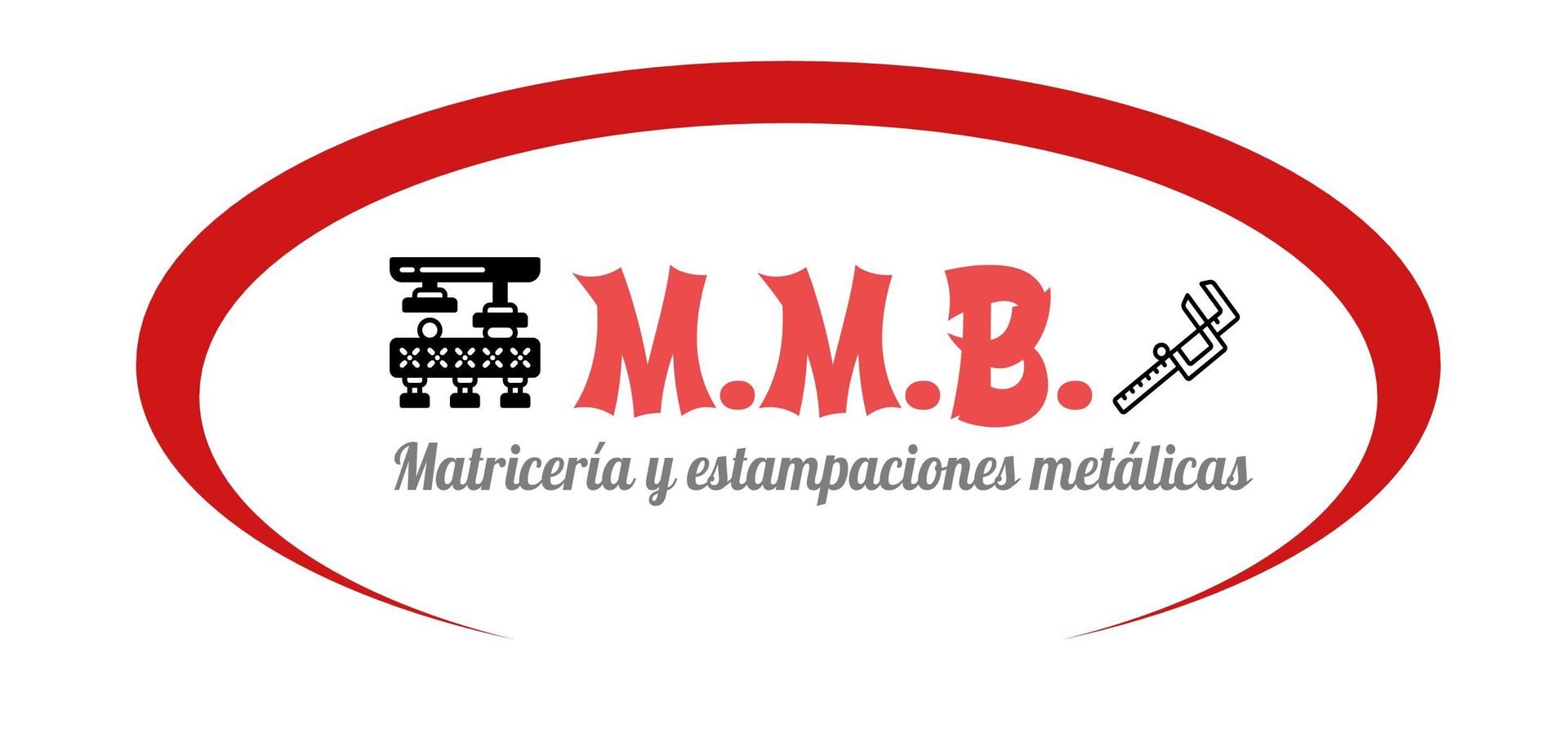 Logotipo con marco ovalado rojo; "MMB" en texto rojo