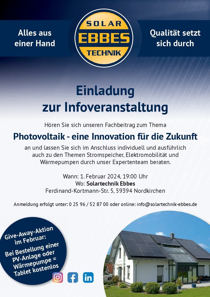 Infoveranstaltung zum Thema Photovoltaik am 01.02.2024 bei Solartechnik Ebbes GmbH