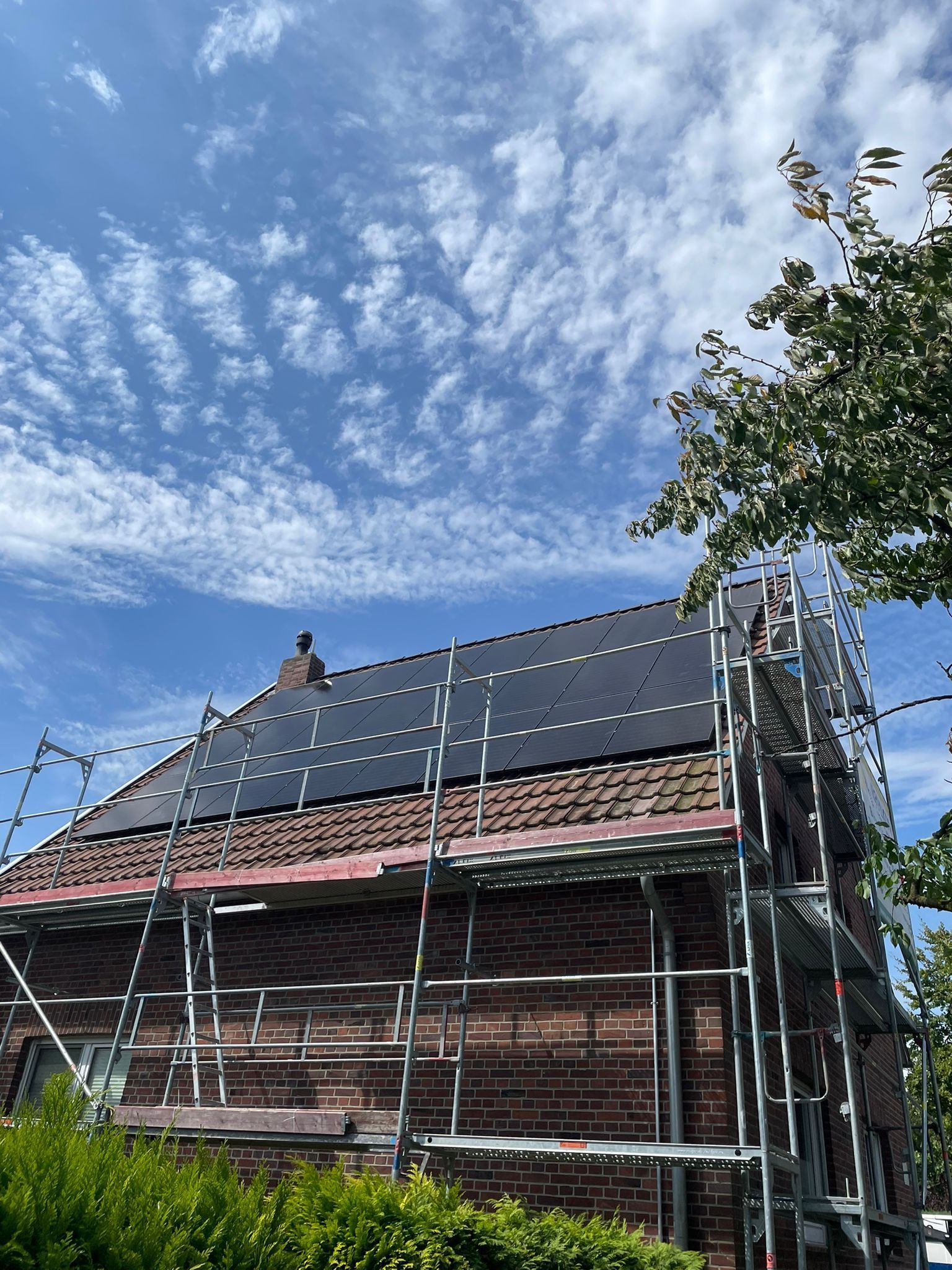 Solarpaneele auf dem Dach eines Backsteingebäudes unter blauem Himmel, im Hintergrund sind Gerüste und Baumäste zu sehen.