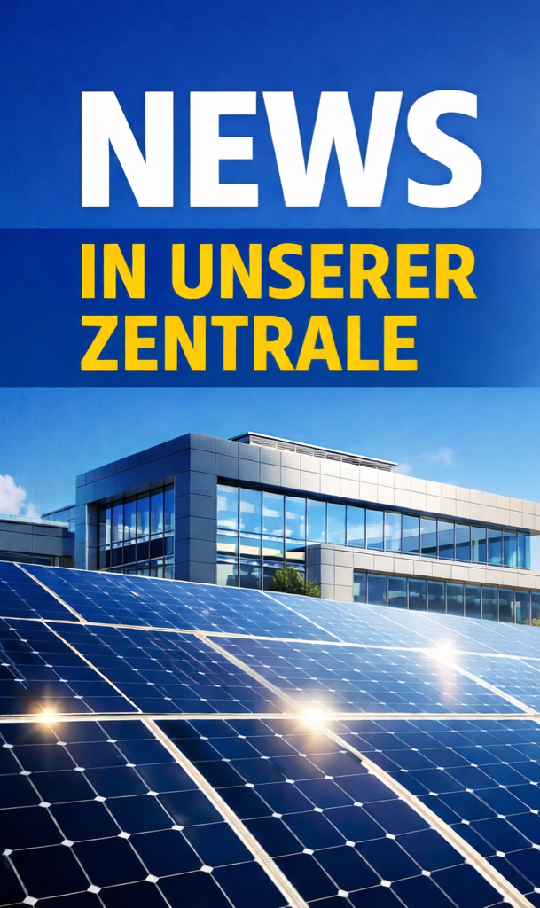 „NEWS“ in weißer Schrift auf blauem Hintergrund, darüber „IN UNSERER ZENTRALE“ in goldener Schrift. Solarpaneele im Vordergrund, Gebäude im Hintergrund.

