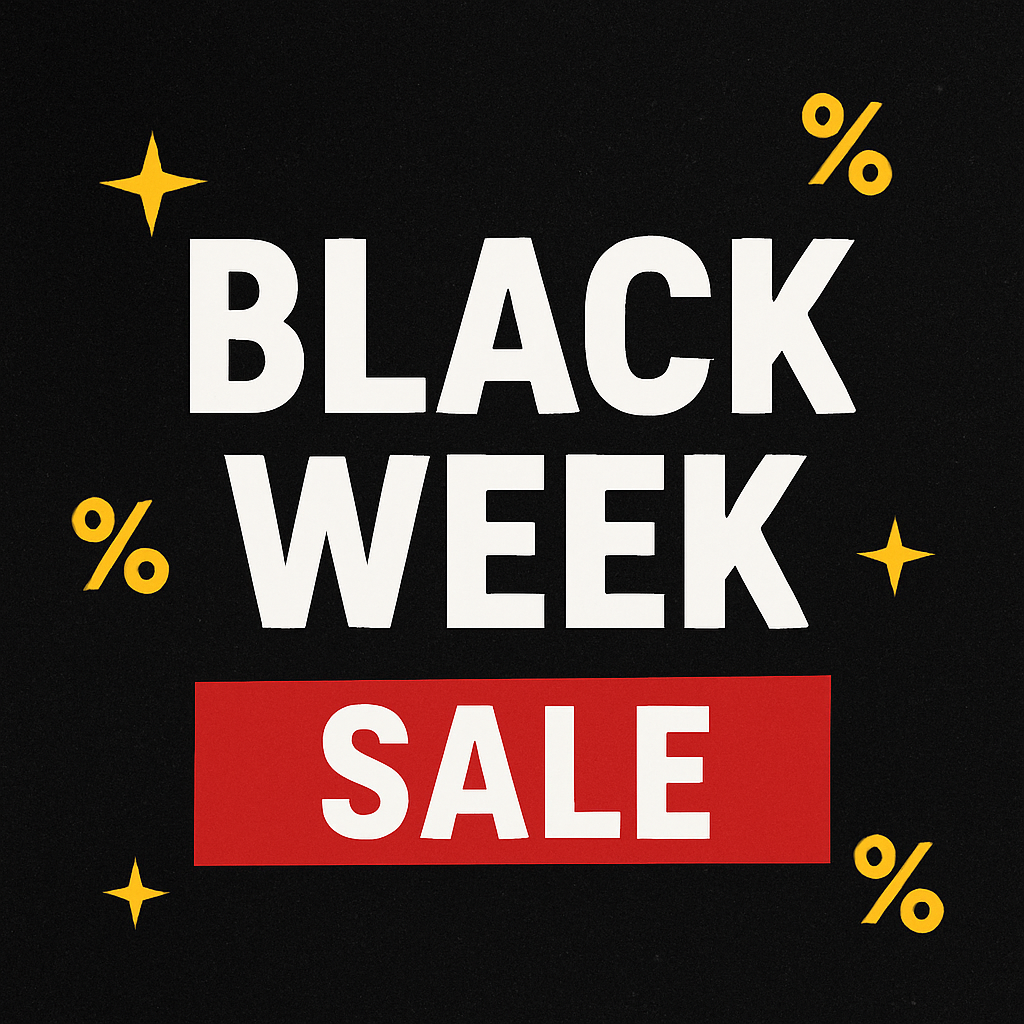 Grafik zum Black Week Sale mit weißer Schrift auf schwarzem Hintergrund. Enthält ein rotes Rechteck, gelbe Prozentzeichen und Sterne.